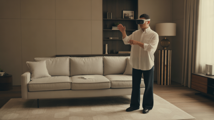A person wearing sleek AR glasses virtually places a photorealistic 3D sofa into their modern living room, the digital object seamlessly integrated with the physical space.