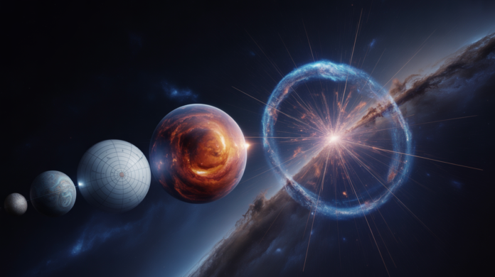 A cosmic visual timeline where ancient, simplistic geocentric models of the universe subtly morph and expand into a dynamic, modern depiction of the Big Bang's accelerating expansion, set against a deep space background.