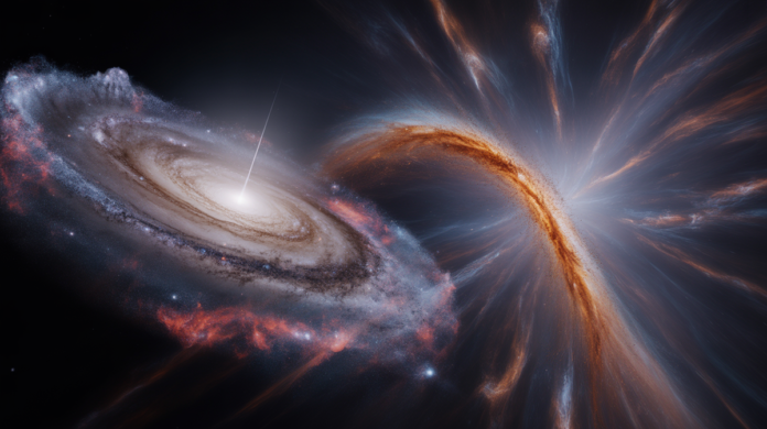 A panoramic view of the universe depicted as an infinite loop or a cosmic Mobius strip, where one segment shows a vast galaxy collapsing into a dense singularity (Big Crunch) and the next segment shows a new universe explosively expanding outwards (Big Bounce), illustrating a continuous, cyclical process.