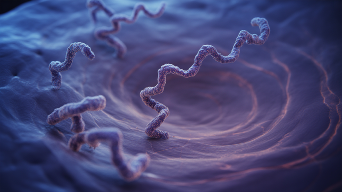 A dynamic microscopic view of a vibrant, swirling primordial pool where fundamental atoms and simple molecules organically coalesce into glowing helixes of DNA and intricate protein structures.