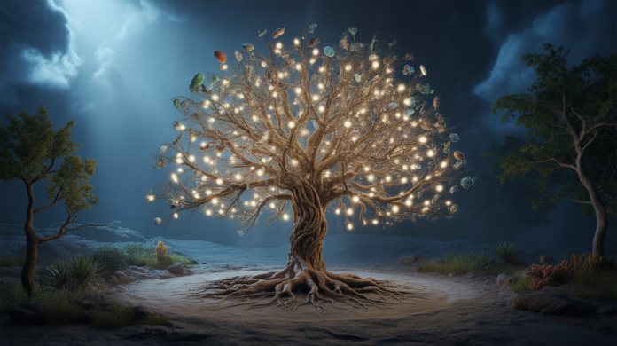 An intricate, illuminated 'Tree of Life' spanning from ancient microbial origins at its roots to the vast array of complex organisms thriving on its branches, vividly depicting the interconnectedness and diversity of biological evolution.