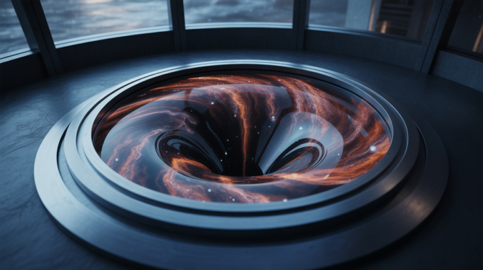 A sleek, circular black hole simulator's interior glowing with holographic projections of swirling, superheated plasma and stars intensely distorted by extreme gravitational lensing, converging into a central, abyssal void.