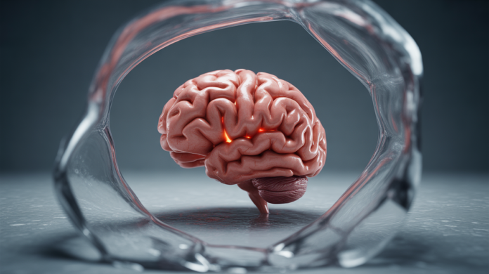A realistic brain, glowing with internal neural activity, positioned as a distorting lens through which a pristine, objective scene appears subtly warped and fragmented.