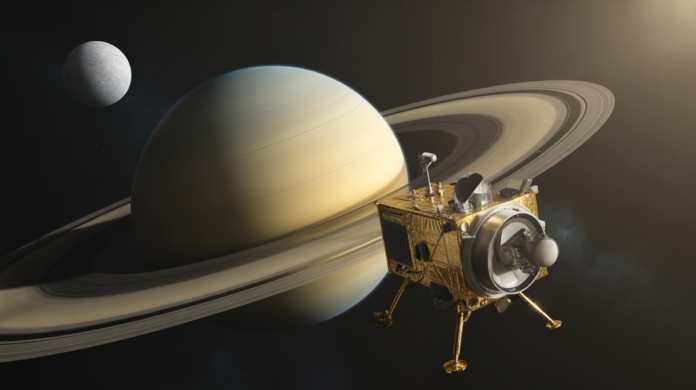A detailed Cassini spacecraft subtly lit, positioned against the magnificent, ringed planet Saturn and one of its prominent moons, bathed in the ethereal glow of deep space.