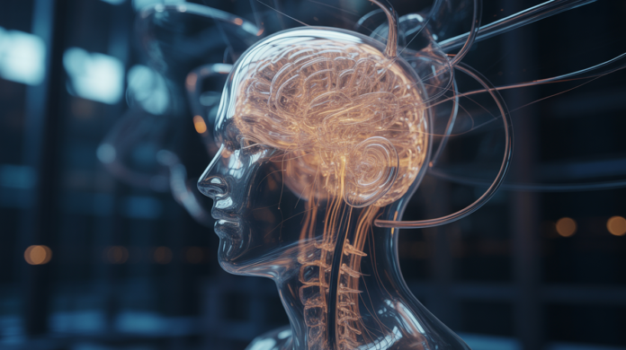 A pristine, transparent human head sculpture, its interior illuminated by a dense, intricate network of glowing neural pathways and abstract data streams, suspended in a dark, infinite space.