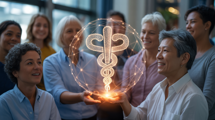 A diverse, intergenerational community is gently illuminated by a radiant network of digital health data, converging into a glowing, stylized medical symbol, representing innovative healthcare solutions.