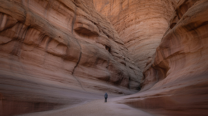 Ancient, multi-colored rock layers forming a vast canyon wall, with a tiny, silhouetted human figure at the base, emphasizing the immense scale of geologic time.