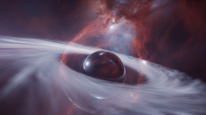 A surreal cosmic landscape where a swirling vortex of stretched starlight and distorted nebulae dramatically converges towards the invisible yet geometrically perfect spherical edge of a supermassive black hole, powerfully illustrating the event horizon.
