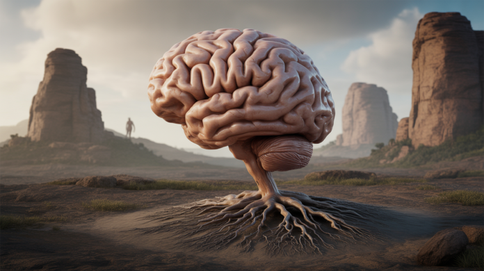 A detailed illustration of a human brain with gnarled roots growing downwards into a raw, primeval landscape featuring ancient rock formations and a distant, subtle silhouette of an early human.