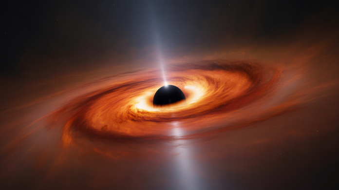 A striking, high-resolution image of the M87* black hole's fiery orange-red accretion disk glowing brightly around its perfectly dark central shadow, set against a distant starfield.