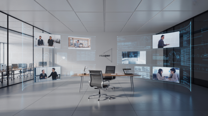 A futuristic, minimalist office with transparent digital screens displaying holographic projections of remote teams and interconnected data streams, seamlessly merging physical and virtual workspaces.