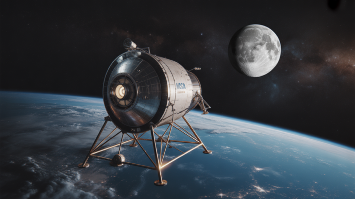 A vintage NASA Gemini spacecraft, illuminated by distant starlight, poised as a pivotal stepping stone between a curving Earth's horizon below and a grand, detailed Moon prominently featured in the cosmic background.