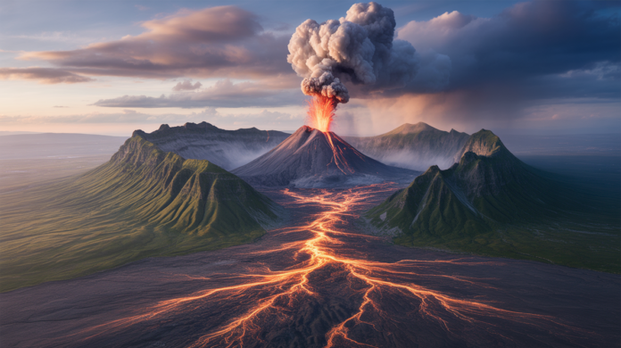 A powerful panoramic composite showcasing a majestic mountain range forming, an active volcano erupting in the midground, and a seismic fault line clearly visible in the foreground, illuminated by dramatic, dynamic light.