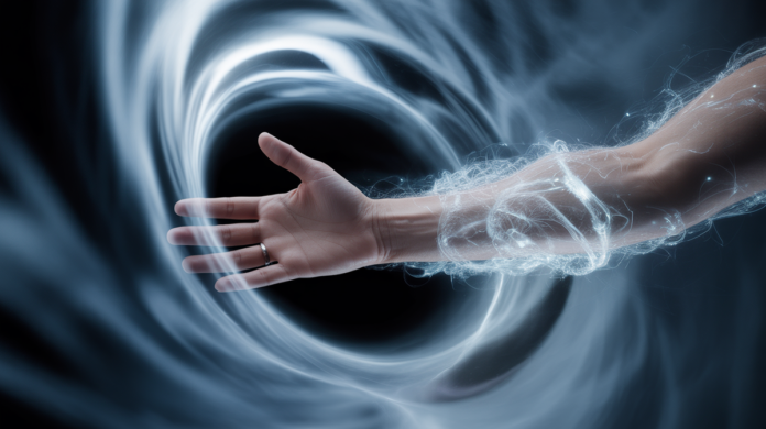 A single hand reaches into a swirling temporal vortex, its attached arm dissolving into shimmering light, symbolizing the impossible act of severing one's own past.