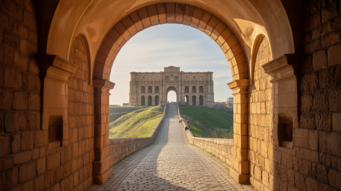 A winding cobblestone path leads through an ancient stone archway, revealing a majestic historical monument bathed in golden sunlight, inviting exploration.