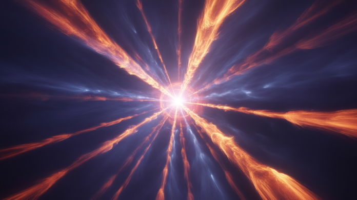 A radiant burst of superheated plasma erupting from a singular point, casting vibrant light and energy across an expanding, infinitely dark cosmic canvas.