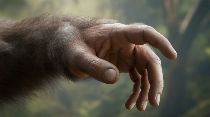 A striking composite image where the rugged texture of an ape's hand subtly blends into the refined contours of a human hand, emerging from a primordial, earthy background.