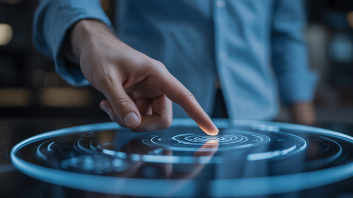 A human hand gently touches a futuristic, transparent digital screen, causing a ripple of intuitive light to flow across the interface.