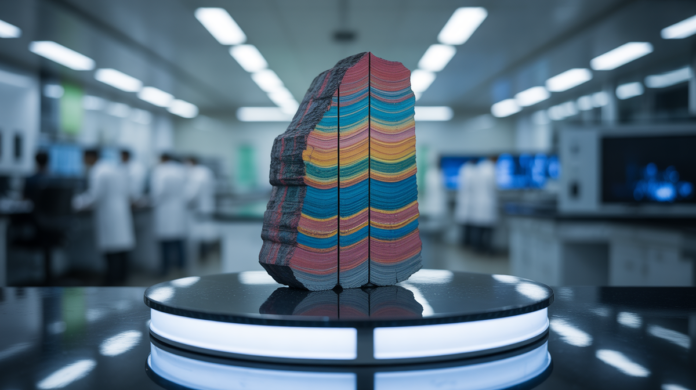 A pristine, perfectly cut geological core sample, revealing vibrant multi-layered strata, stands prominently on a sleek, illuminated pedestal within a modern, high-tech research laboratory at an Indian Institute of Technology.