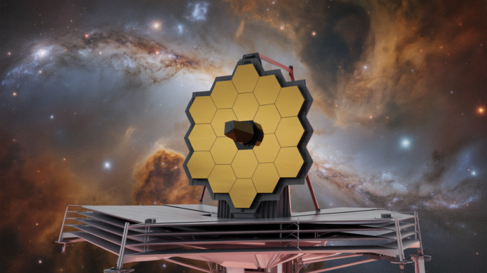 The James Webb Space Telescope's iconic golden hexagonal mirrors prominently reflecting an awe-inspiring vista of distant, richly detailed galaxies and nebulae, stretching into the universe's earliest moments.