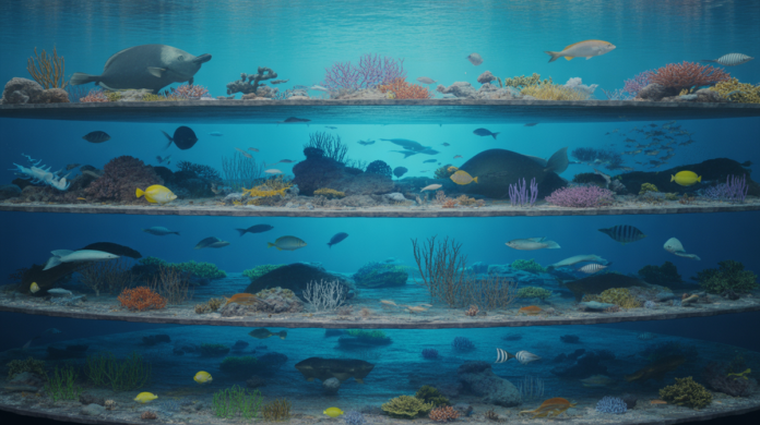 A vibrant, multi-layered cross-section of the ocean revealing distinct marine ecosystems—from sunlit coral reefs teeming with colorful fish to the mysterious, bioluminescent deep sea—illustrating the vast diversity of ocean life.