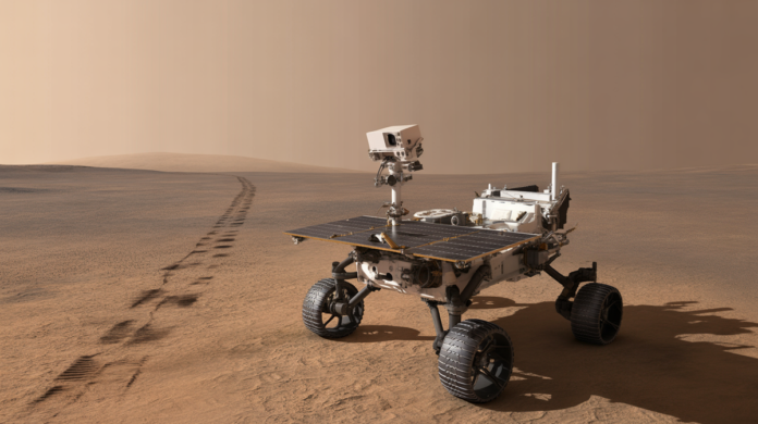 The Mars Opportunity rover stands resilient on a desolate, dusty Martian plain, its solar panels angled towards a setting sun that casts long shadows from its worn frame, with a faint, endless trail of tire tracks receding into the crimson horizon.