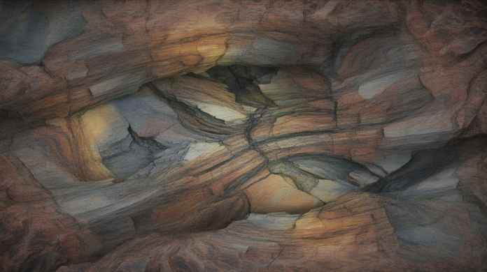 A detailed cross-section of a massive geological accretionary wedge, showcasing chaotic mélange formations with intensely folded and fractured rock blocks of diverse colors and textures, brilliantly illuminated to reveal the complex, jumbled internal structure.