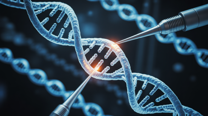 A luminous, precisely manipulated DNA double helix glows against a dark, futuristic background, with microscopic, laser-focused tools actively reshaping its intricate structure.