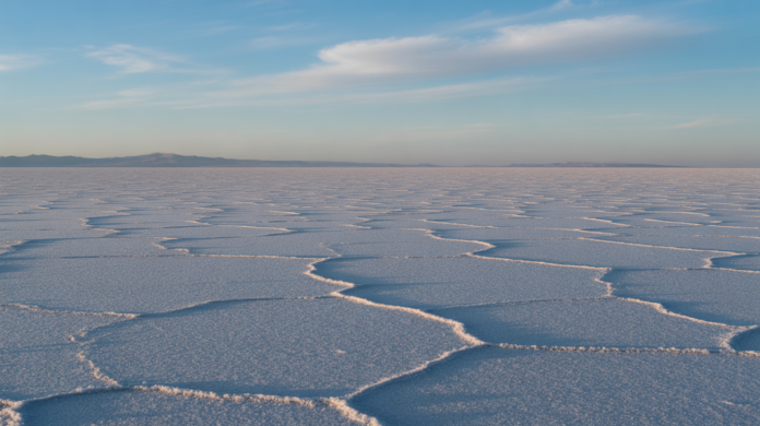 A super-wide panoramic view of a vast, desolate salt flat, where the air directly above the gleaming white surface appears as a distinct, visibly turbulent layer, subtly distorting the distant horizon with dynamic heat currents and light refractions.
