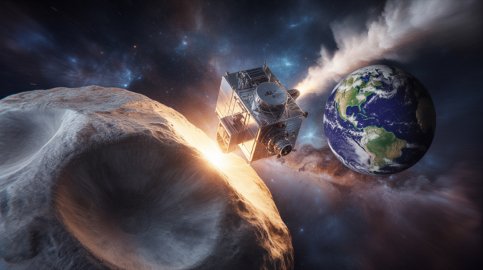 A powerful NASA spacecraft is depicted precisely impacting a massive asteroid, subtly altering its path away from a vibrant Earth visible in the cosmic background.