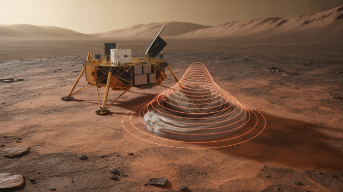 The NASA InSight Mars Lander stands on the red, rocky Martian surface, with glowing, stylized seismic waves visibly penetrating deep into a cross-section of the planet's layered interior, revealing its hidden structure.