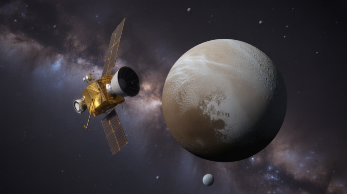 The New Horizons spacecraft, bathed in ethereal light, drifts past a crisply detailed Pluto displaying its iconic heart-shaped region, with numerous icy Kuiper Belt objects dimly scattered across the deep, star-filled cosmic expanse beyond.