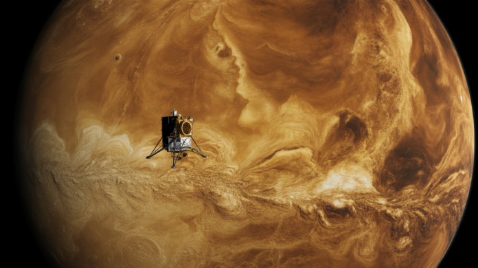 A cutting-edge NASA probe, partially obscured by swirling, sulfuric acid clouds, casts a stark light on the intensely hot, volcanic, orange-red surface of Venus, Earth's scorching sister.