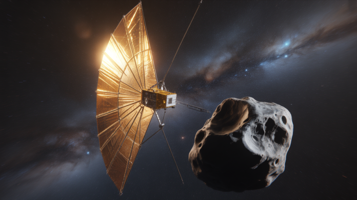 A vast, shimmering solar sail, fully unfurled and catching the sun's light, propels the small NEA Scout spacecraft towards a rugged, dark asteroid against the infinite expanse of a starry cosmos.
