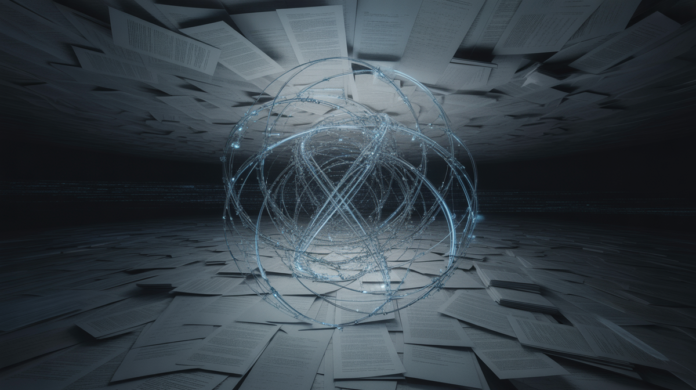 A luminous, intricate network of interconnected quantum symbols and flowing data streams forms a navigable path through a vast, dark digital space teeming with countless theoretical research papers.