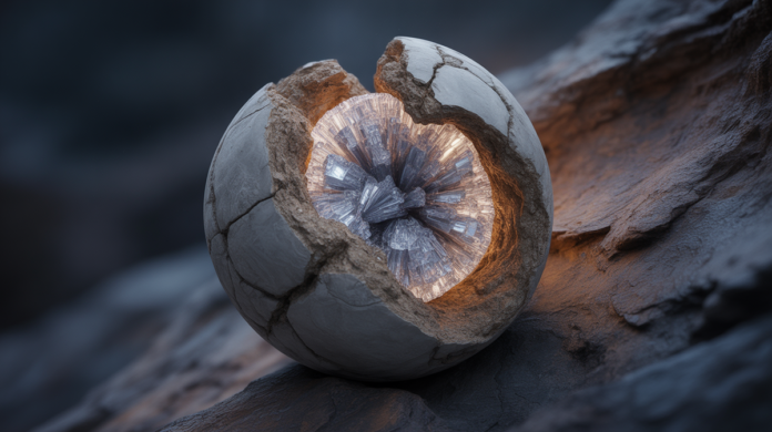 A detailed macro shot of a perfectly spherical geological nodule, cracked open to reveal its intricate crystalline core, partially embedded within a rough, layered rock matrix, illuminated to highlight its hidden complexities.