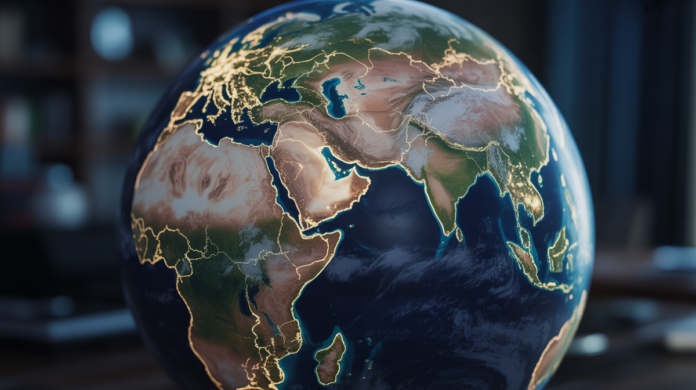 A detailed, subtly rotating Earth globe with prominent, shifting tectonic plates defined by illuminated fault lines.