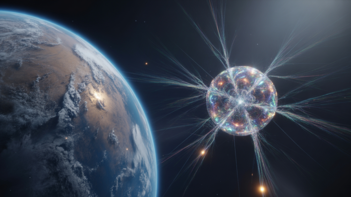 Two identical, glowing quantum particles, one on Earth and one in deep space, instantly mirroring each other's iridescent light patterns across an ethereal, shimmering cosmic web.