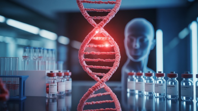 A glowing crimson double helix, intricately formed by microscopic biopharmaceutical structures and vaccine vials, projects a focused red light onto a stylized, healthy human silhouette, all within a sleek, sterile laboratory setting.
