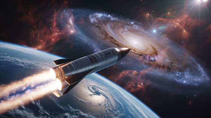 A sleek, futuristic spacecraft launches from a luminous Earth, its trajectory sweeping through a vibrant cosmic tapestry, transitioning from suborbital heights to vast interstellar distances where advanced vessels navigate distant galaxies and nebulae, symbolizing the full scope of space travel.