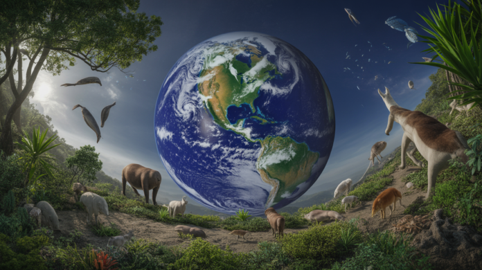 A breathtaking panoramic view of a flourishing Earth, showcasing an immense variety of diverse species—from majestic terrestrial animals and lush flora to vibrant marine life—all harmoniously interconnected within thriving global ecosystems.