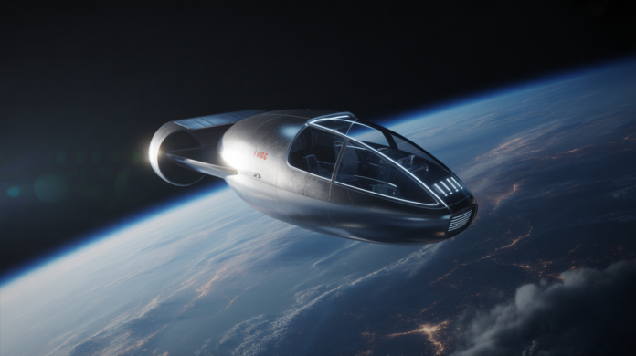 A sleek, futuristic suborbital spacecraft in a graceful arc at the edge of Earth's atmosphere, its panoramic windows offering a breathtaking view of the planet's blue curvature against the infinite blackness of space.