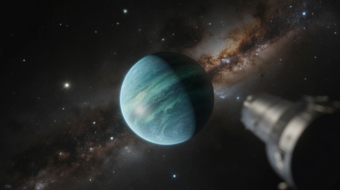 A vibrant, blue-green exoplanet, possibly habitable, shimmers brightly amidst a star-filled cosmic void, with the faint, sleek silhouette of the TESS spacecraft observing from the foreground.