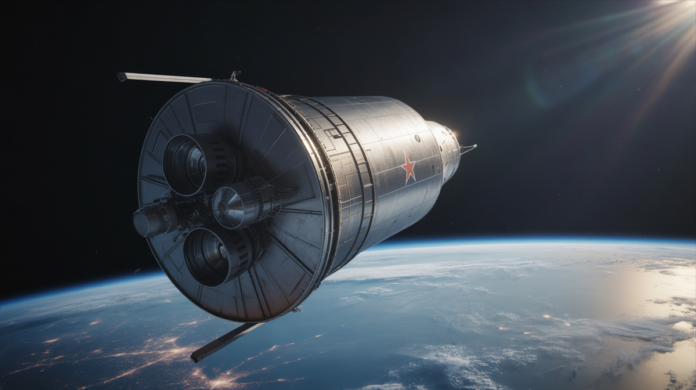 A sleek, powerful TKS spacecraft, featuring its multi-module design and Soviet red star, soars across a starry deep space with the Earth visible below, spotlighted by a dramatic ray of sun.