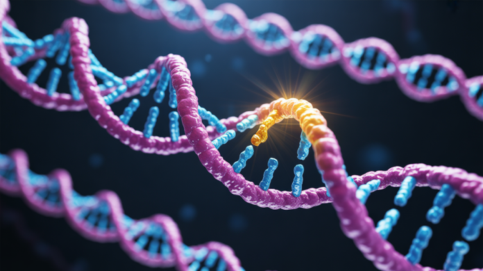 A vibrant, intricately detailed mRNA strand with a prominent, glowing 'CleanCap' at its tip, rapidly unfurling with immaculate precision amidst shimmering light, symbolizing the revolutionary and highly efficient process of mRNA synthesis.