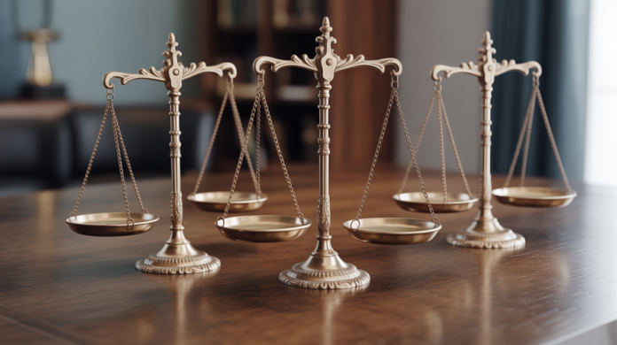 An array of elegant antique brass weighing scales, each subtly tipped or imbalanced in a distinct way, visually representing the various types of cognitive biases influencing perception.
