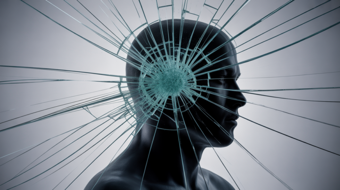 A stark, high-contrast image of a human head silhouette, its internal space filled with shattered glass fragments and subtly warped light rays, visually representing cognitive bias and distorted thinking.