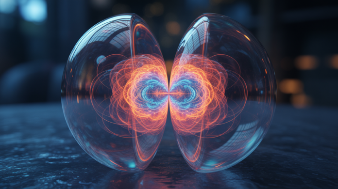 A glowing, intricate subatomic sphere subtly parting in the center, revealing an intensely vibrant, swirling vortex of fundamental, multi-colored quark energies at its core.