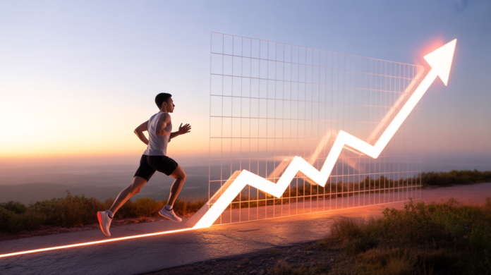 A dynamic figure running with powerful strides on a path that seamlessly transitions into a radiant, upward-trending graph line extending towards a vast, luminous horizon, symbolizing optimized VO2 Max leading to enhanced longevity.
