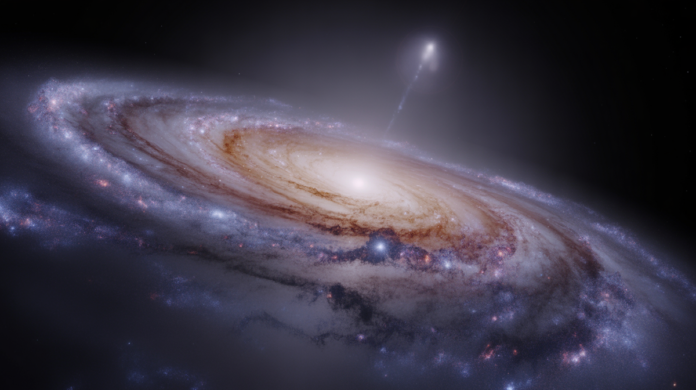 A solitary black hole, a dark void, subtly warping the light of a vibrant, distant spiral galaxy as it drifts silently through the cosmic expanse.